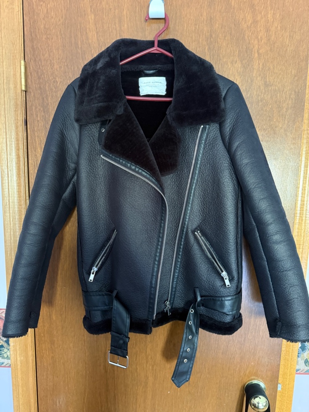 Zara Black Faux Fur Jacket With Buckles